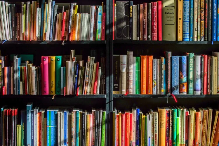 Colorful rows of books filling library shelves