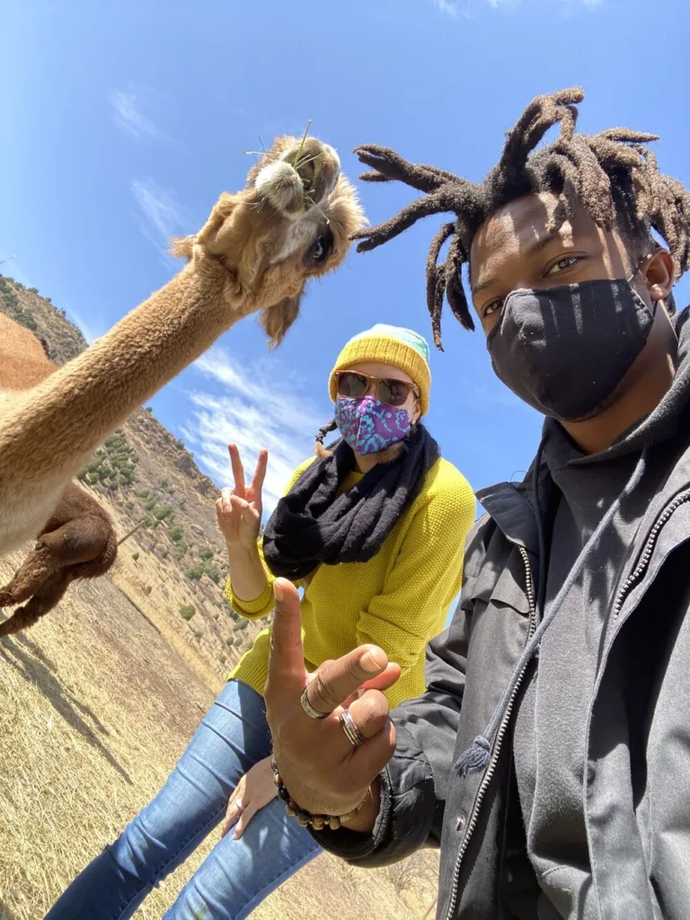 Jess Solomon and a friend in masks taking a selfie with an alpaca