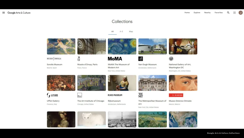 Google Arts and Culture Collections page with thumbnails of museums such as MoMA and the Van Gogh Museum
