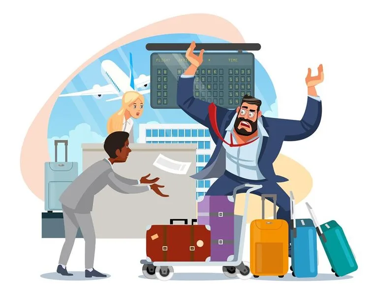 Illustration of a frustrated traveler with luggage shouting at an airport agent