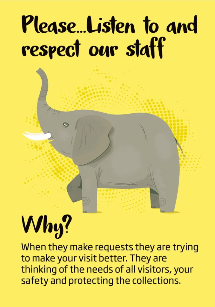 Illustrated elephant safety sign asking visitors to listen to and respect staff, with a reason why