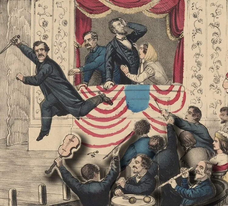 Historic lithograph of the assassination of Abraham Lincoln at Ford's Theatre, with the assassin leaping from the box