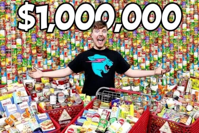 YouTuber MrBeast surrounded by canned food under a $1,000,000 headline for a food donation video
