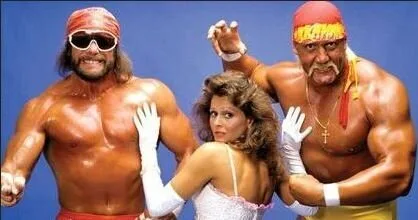 Wrestlers Randy Savage and Hulk Hogan posing with Miss Elizabeth in a classic WWE love triangle promo
