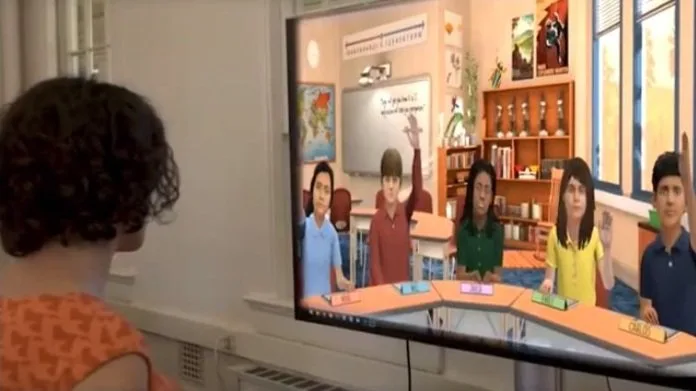 Teacher-in-training speaking to a screen of animated student avatars in a Mursion VR simulation