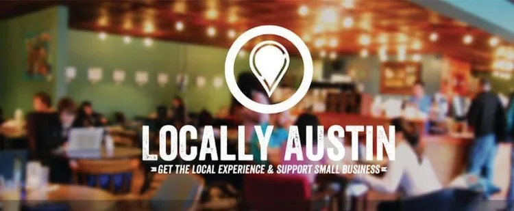 Locally Austin banner over a busy cafe, promoting local experiences and small businesses