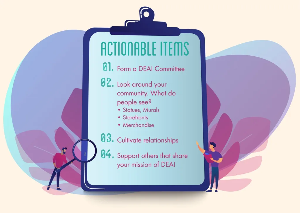 Checklist of DEAI actionable items: form a committee, look around your community, cultivate relationships, support others