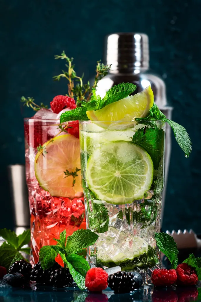 Two colorful mocktails with lime, berries and mint beside a cocktail shaker