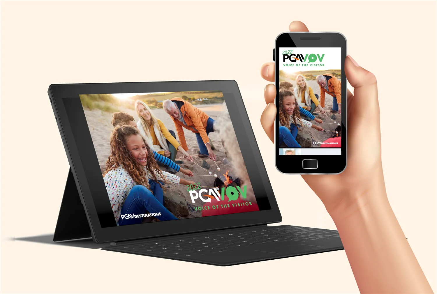 Tablet and phone displaying the PGAV Voice of the Visitor publication in desktop and mobile versions