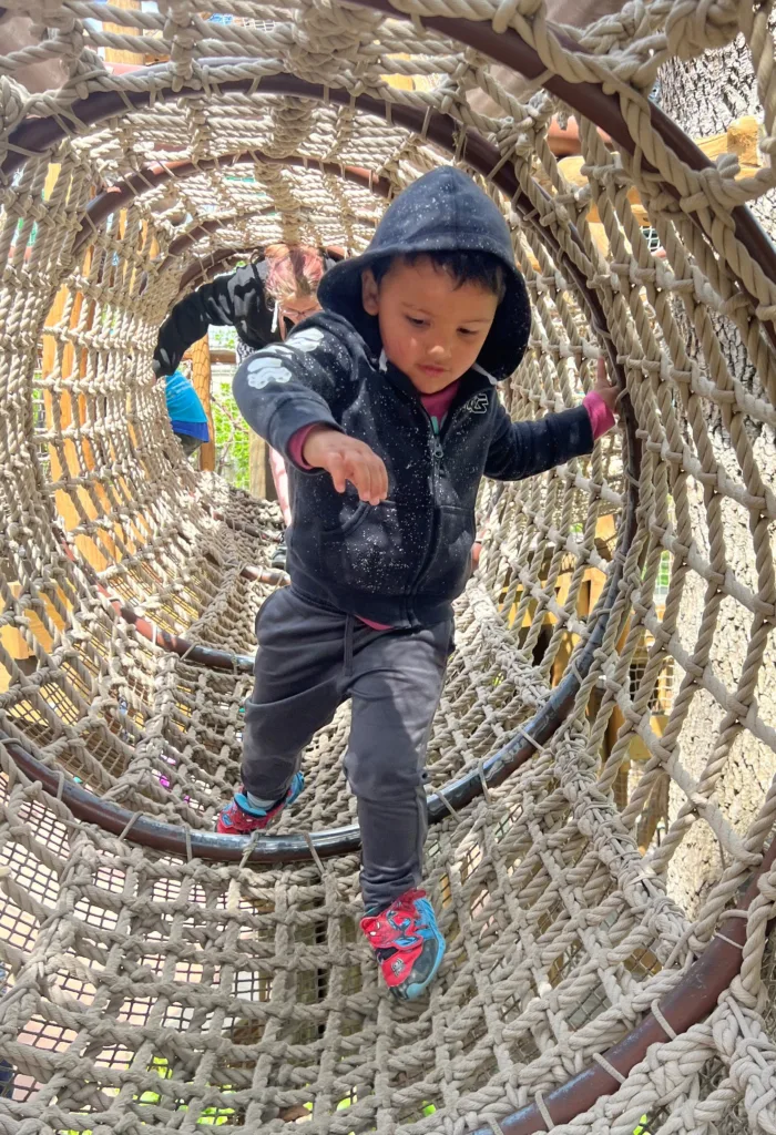 Young child climbing through a rope net tunnel on Primate Canopy Trails at Saint Louis Zoo
