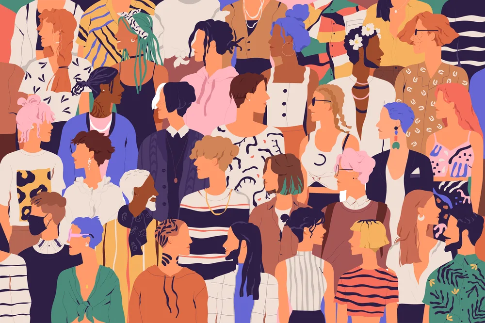 Illustration of a diverse crowd of people in colorful patterned clothing