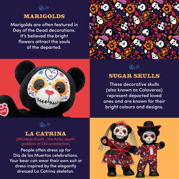 Build-A-Bear panel explaining marigolds, sugar skulls and La Catrina in its Dia de los Muertos bear design