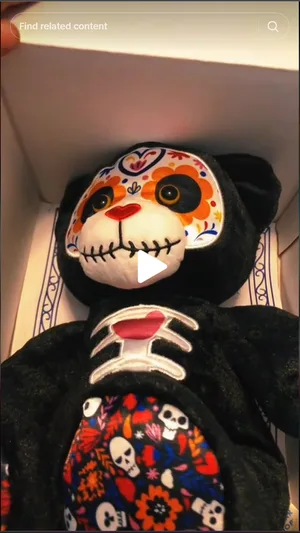 Social video screenshot of a Dia de los Muertos Build-A-Bear in its box