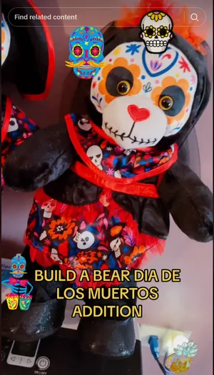 Social video screenshot of the Build-A-Bear Dia de los Muertos bear with sugar-skull face