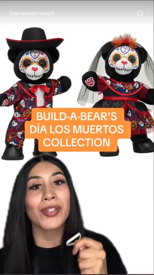 Social video screenshot of a creator presenting Build-A-Bear's Dia de los Muertos collection
