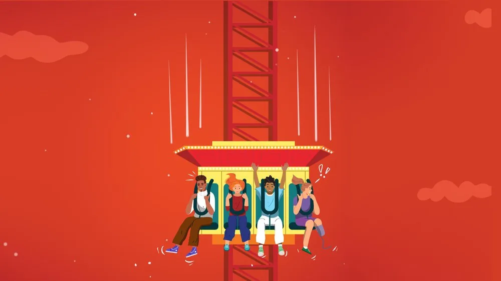Illustration of riders with mixed reactions on a drop tower ride against a red background