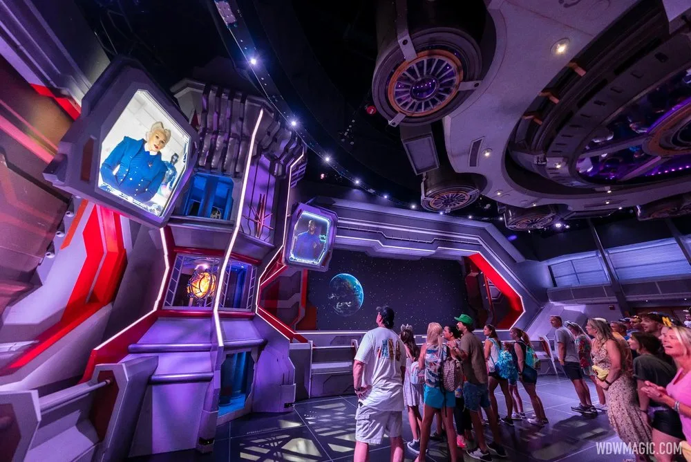 Guests waiting in the spaceship-themed preshow of Guardians of the Galaxy: Cosmic Rewind at EPCOT