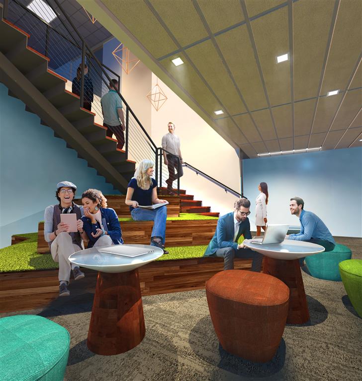 Rendering of staff enjoying new staircase and meeting space as part of 2018 office renovation