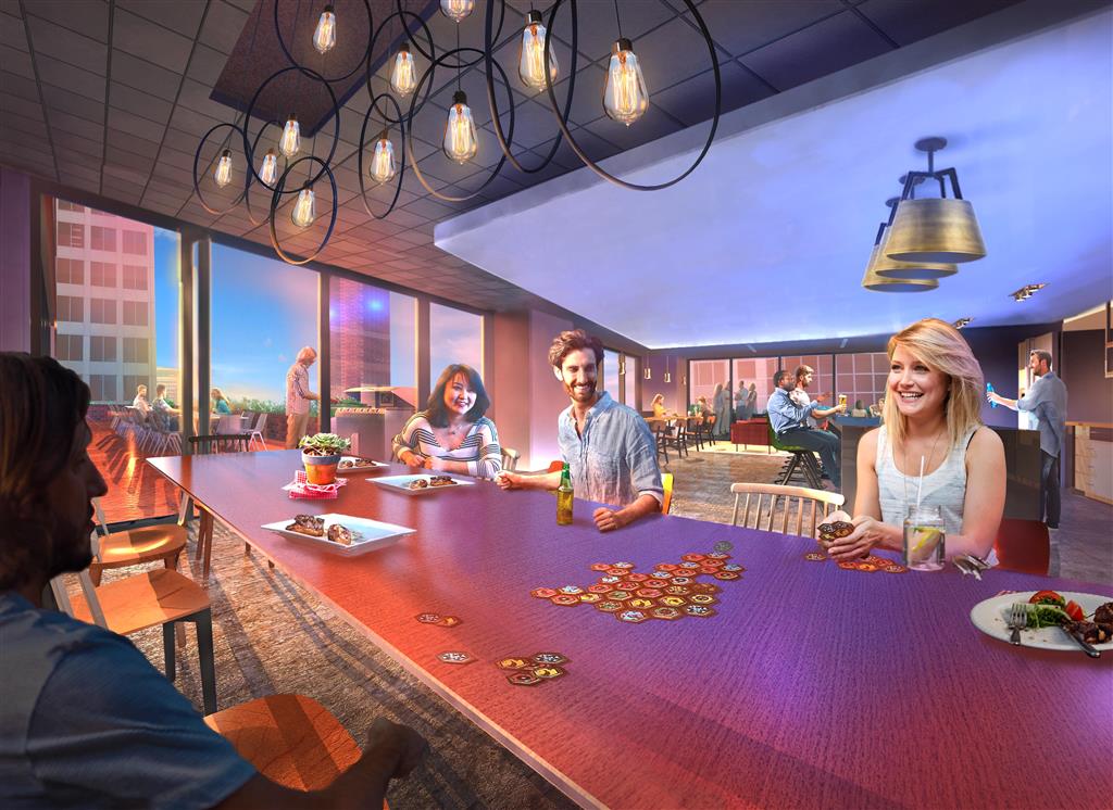 Rendering of staff enjoying new cafe as part of 2018 office renovation