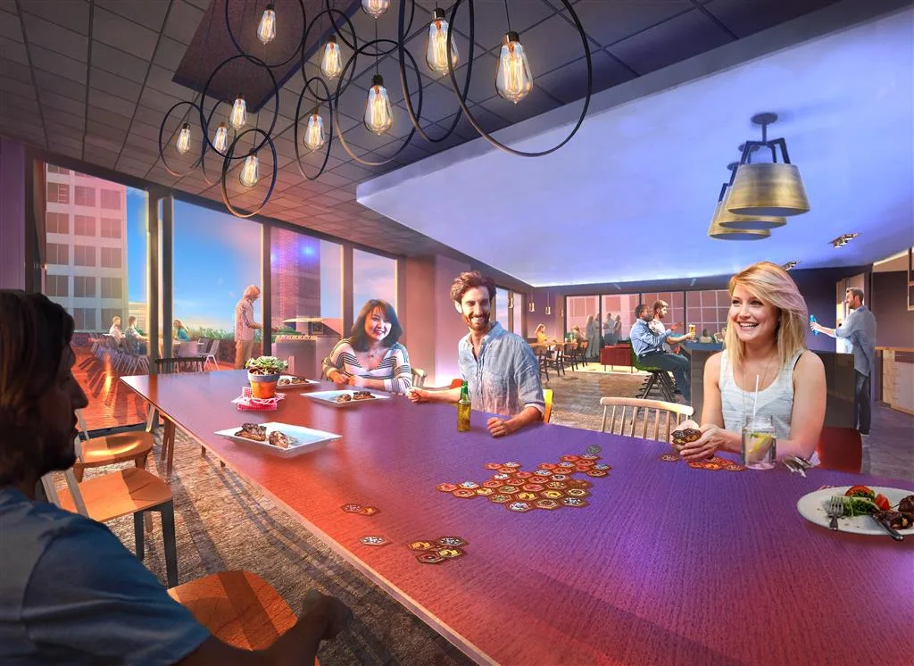 Rendering of staff enjoying new cafe as part of 2018 office renovation