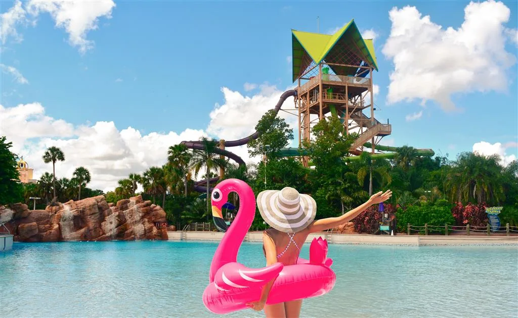 Woman in a sun hat with a pink flamingo float gazing at water slides from the edge of a water park pool