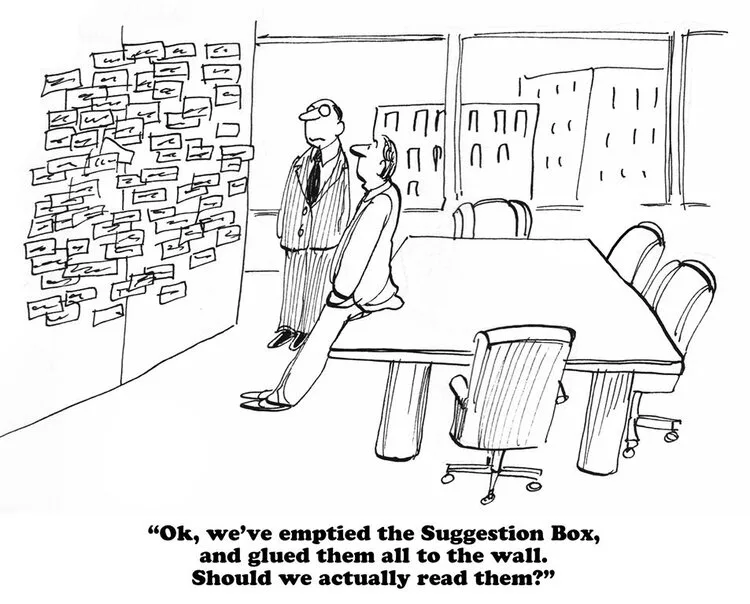 Cartoon: executives stand by a wall covered in suggestion box notes, asking if they should actually read them