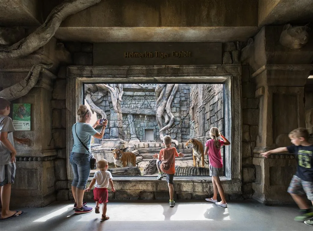 Guests view a tiger in Tulsa Zoo's Lost Kingdom
