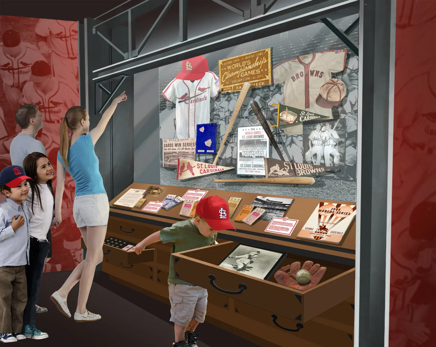 Concept rendering of equipment exhibit for the St. Louis Cardinals Hall of Fame and Museum