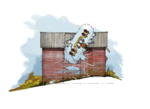 Rendering of Thunderbird crashing through a barn at Holiday World