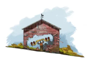 Rendering of Thunderbird crashing through a barn at Holiday World