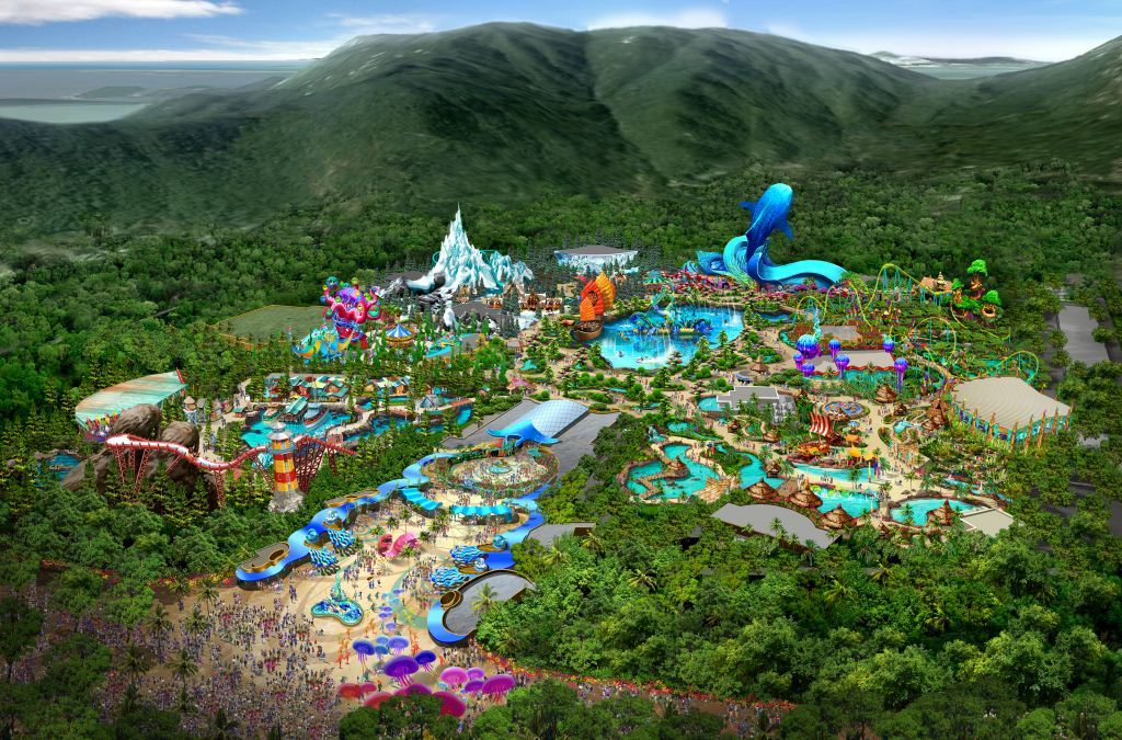 Aerial rendering of all zones and rides at Chimelong Ocean Kingdom