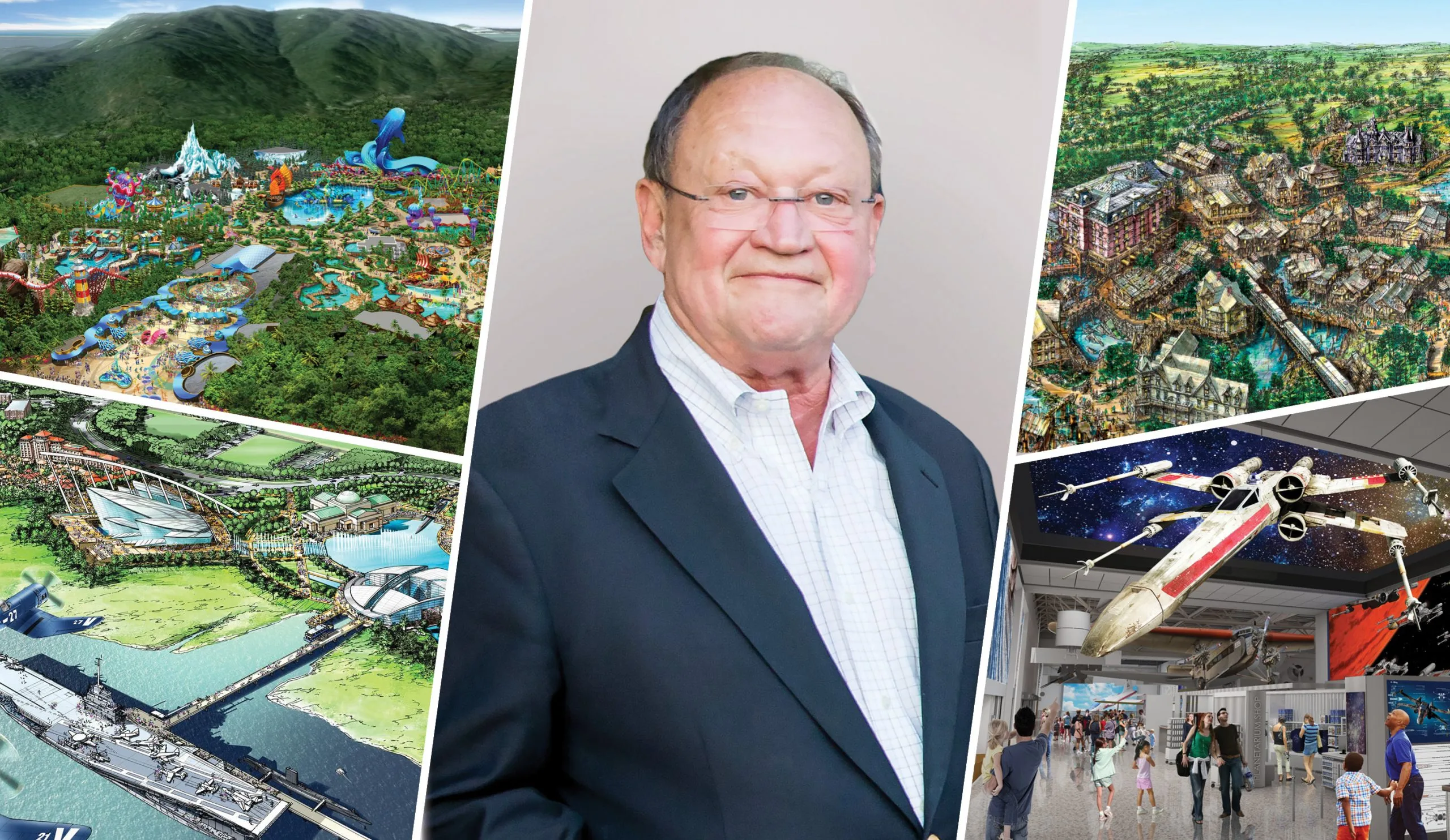 Portrait of Bill Castle framed by renderings of theme park, resort and museum projects he helped design