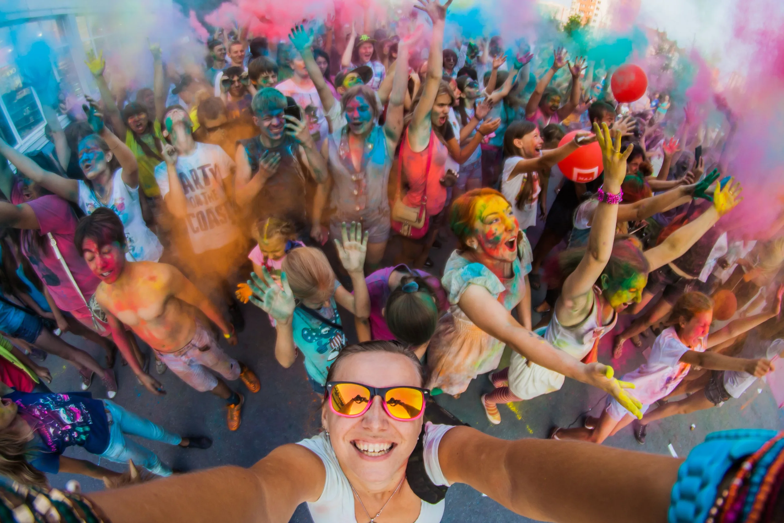 Cover of February 2018 Destinology, Fight for Attendance, people at Diwali or a Color Run