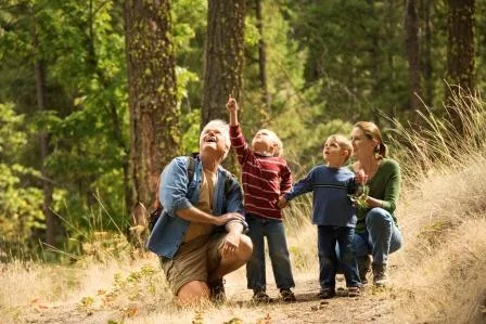 A family hiking in the woods