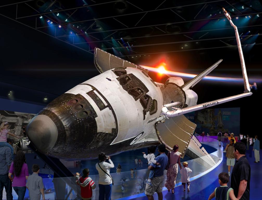 Rendering of a nose-cone view of Space Shuttle Atlantis on display with its cargo bay doors open and Canadarm extended at the Kennedy Space Center Visitor Complex