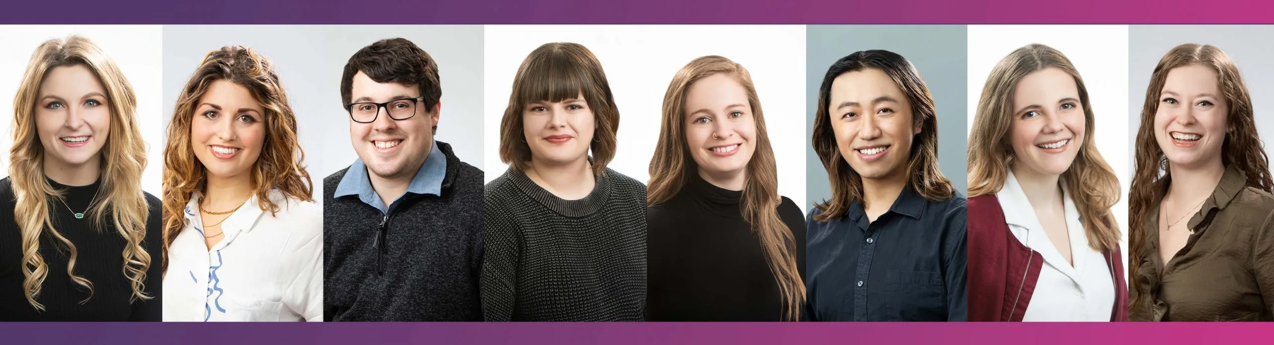 Row of headshots of eight new PGAV Destinations team members on a purple and pink banner
