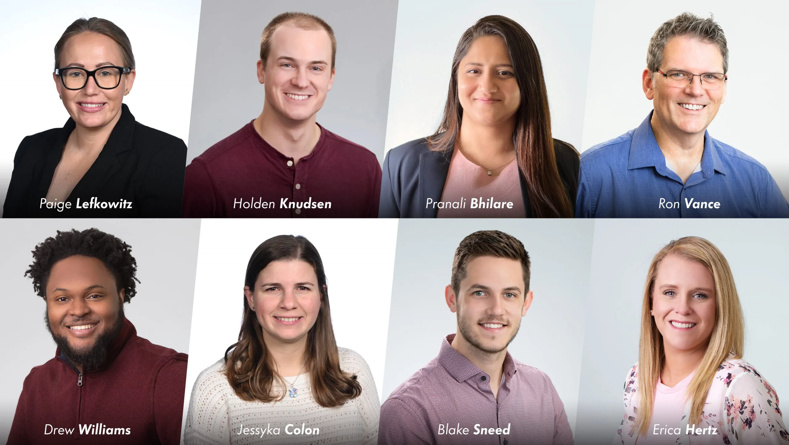 Headshots of eight new PGAV team members, each labeled with their name