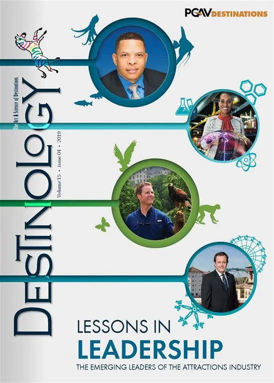 Cover of Destinology Lessons in Leadership: The Emerging Leaders of the Attractions Industry, with four leader portraits