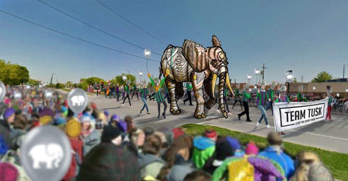 A rendering of the Team Tusk Elphie puppet on parade for Mardi Gras for PGAVia
