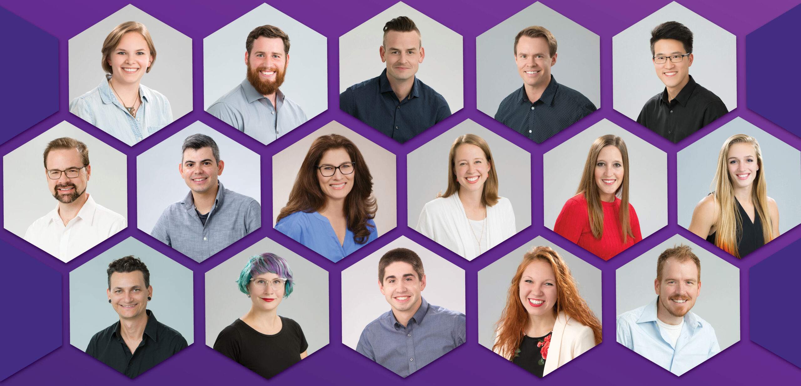 A purple headshot grid of our new team hires from 2017