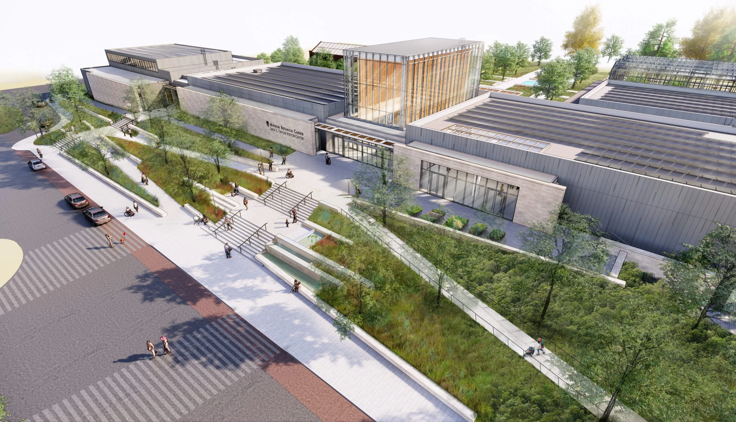 Rendering of the north exterior and landscaped entry ramp of a new building at the Missouri Botanical Garden