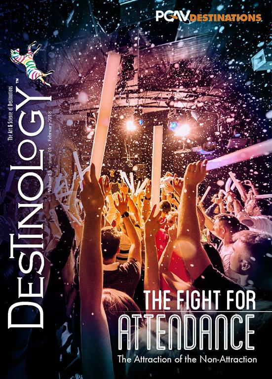 Cover of February 2018 Destinology, the Fight for Attendance, at an EDM concert.