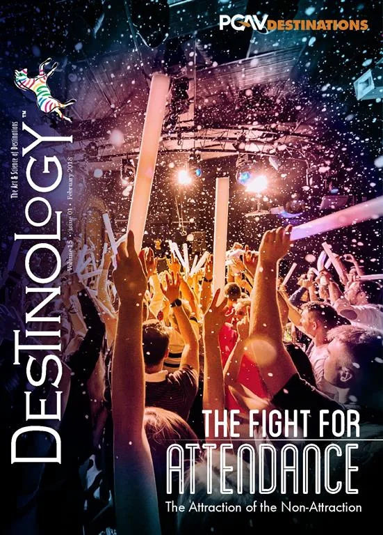 Cover of February 2018 Destinology, the Fight for Attendance, at an EDM concert.