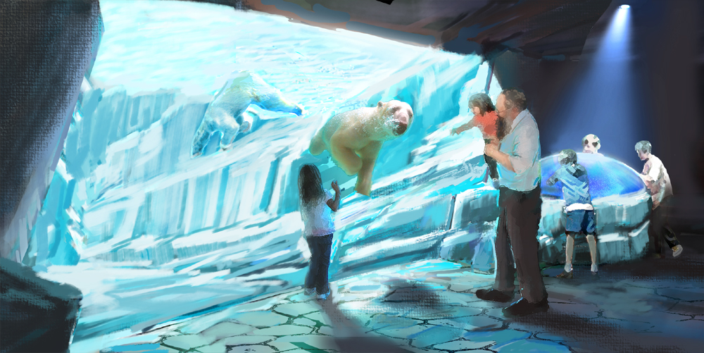 A concept rendering of a polar bear swimming underwater at McDonnell Polar Bear Point at the Saint Louis Zoo