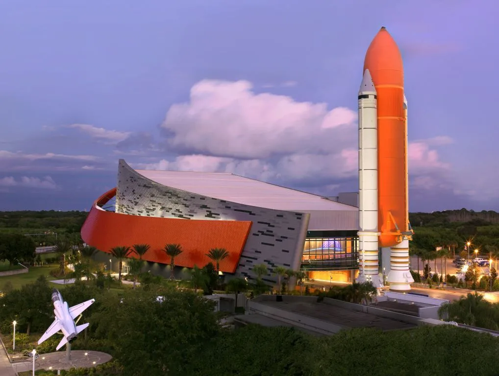 Full Space Shuttle Atlantis museum at dusk at the Kennedy Space Center Visitor Complex