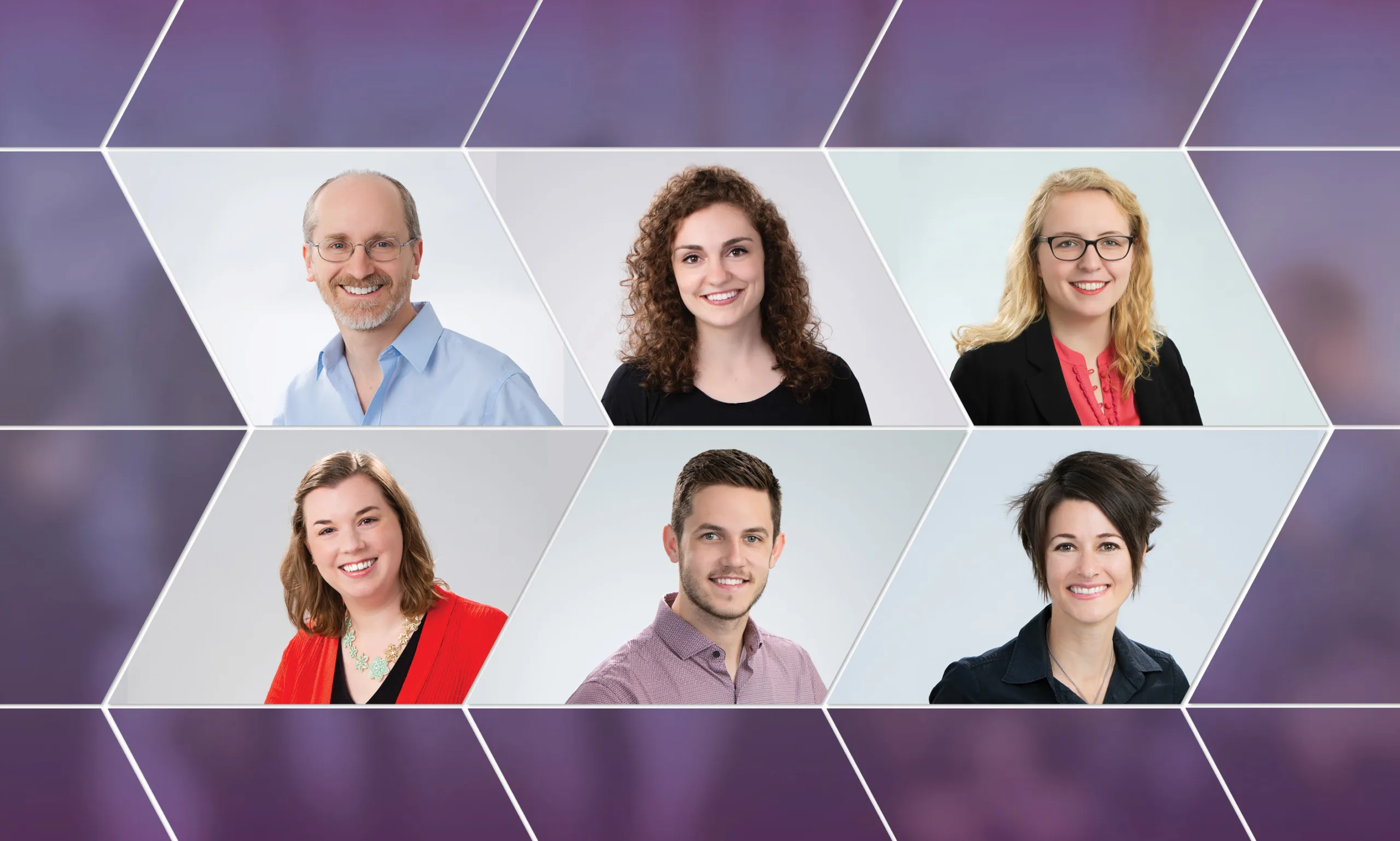 Collage of headshots of six new PGAV Destinations team members on a purple chevron background