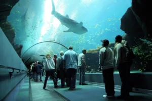 A whale shark swims over an underwater visitor tunnel at the Georgia Aquarium