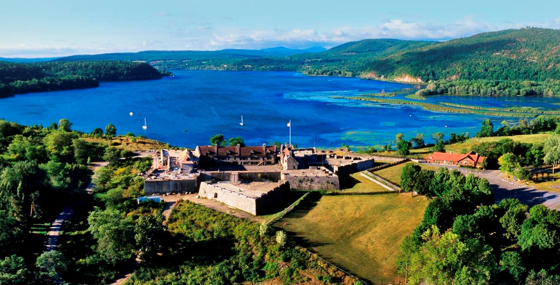 An aerial view of the full Fort Ticonderoga and Lake Champlain in upstate New York