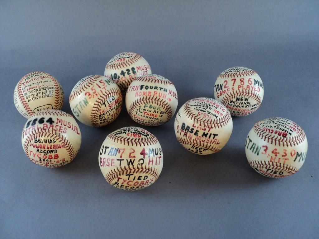 Nine signed baseballs at the St. Louis Cardinals Hall of Fame and Museum