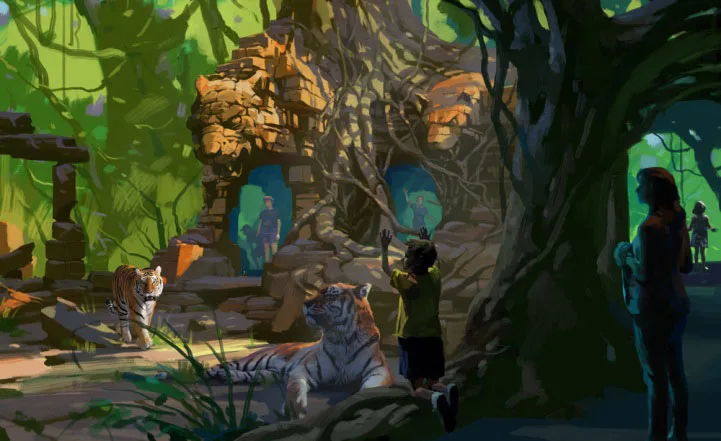 A render featuring ruins and Bengal tigers for the Tulsa Zoo's Lost Kingdom